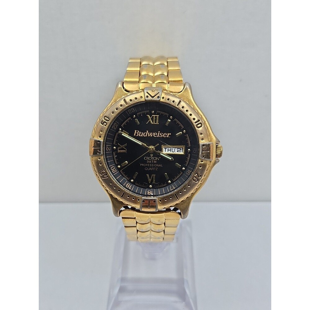 Budweiser Croton Professional Quartz Day Date Gold Tone Mens Watch New Battery